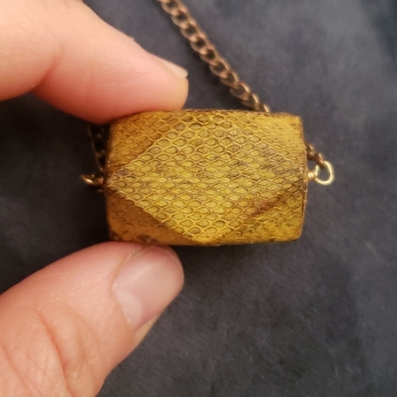 handmade | yellow faux snake skin geometric drop earrings - Picture 2 of 4